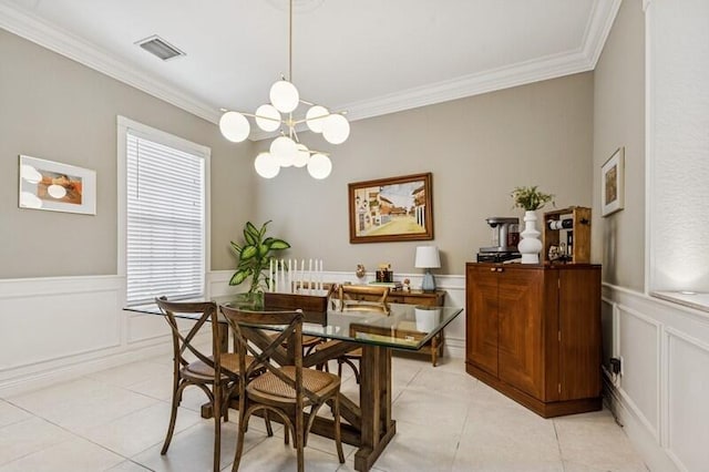 8292 NW 9th Ave, Boca Raton, FL 33487 - dining room with a chandelier, healthy amount of natural light, ornamental molding, light tile patterned flooring, and wainscoting