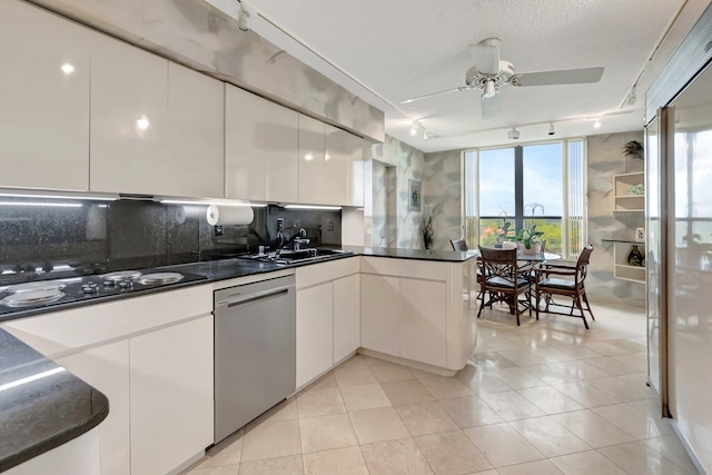 7578 Regency Lake Dr Unit 702, Boca Raton, FL 33433 - kitchen featuring stainless steel dishwasher, a sink, rail lighting, a peninsula, and black electric stovetop