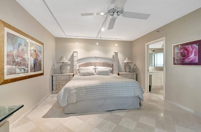 7578 Regency Lake Dr Unit 702, Boca Raton, FL 33433 - bedroom featuring baseboards, ensuite bathroom, light tile patterned floors, and a ceiling fan