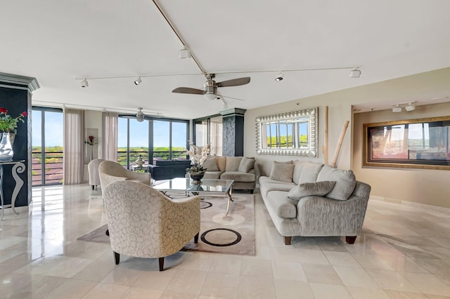 7578 Regency Lake Dr Unit 702, Boca Raton, FL 33433 - living area featuring expansive windows, light tile patterned floors, a ceiling fan, and track lighting