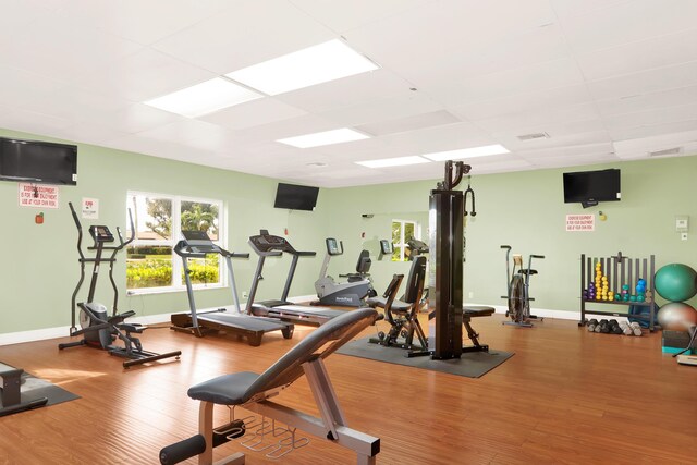 exercise room with plenty of natural light, wood finished floors, and a paneled ceiling