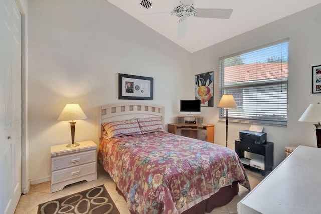 12249 Blair Ave, Boynton Beach, FL 33437 - bedroom with visible vents, ceiling fan, lofted ceiling, and light tile patterned flooring