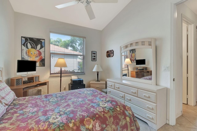 12249 Blair Ave, Boynton Beach, FL 33437 - bedroom with a ceiling fan, vaulted ceiling, and light tile patterned floors
