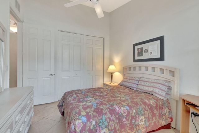 12249 Blair Ave, Boynton Beach, FL 33437 - bedroom featuring a closet, ceiling fan, light tile patterned floors, and visible vents