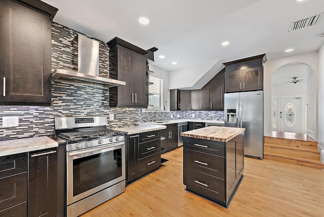 kitchen with wooden counters, a sink, light wood-style floors, visible vents, and appliances with stainless steel finishes