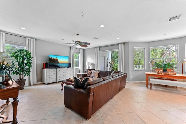 2256 Ridgewood Ct, Royal Palm Beach, FL 33411 - living room with light tile patterned flooring, a ceiling fan, healthy amount of natural light, and recessed lighting