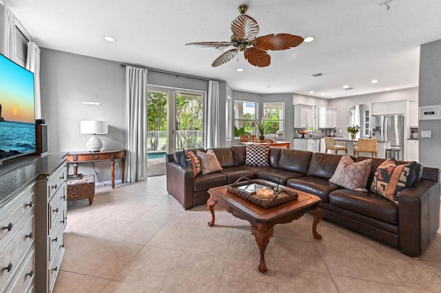 2256 Ridgewood Ct, Royal Palm Beach, FL 33411 - living room with ceiling fan, light tile patterned flooring, and recessed lighting