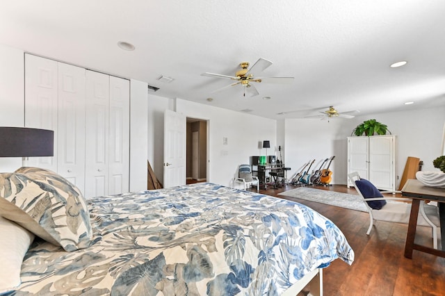 2256 Ridgewood Ct, Royal Palm Beach, FL 33411 - bedroom featuring wood finished floors, a closet, a ceiling fan, recessed lighting, and an office area