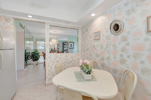 544 Piedmont L, Delray Beach, FL 33484 - dining area with baseboards, wallpapered walls, recessed lighting, a chandelier, and light tile patterned floors