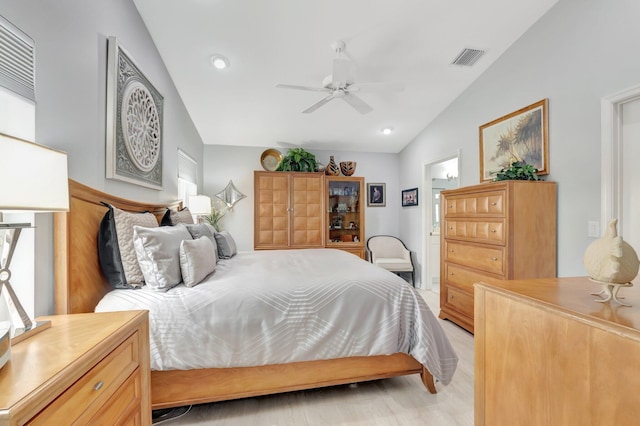 bedroom featuring recessed lighting, ceiling fan, visible vents, and lofted ceiling