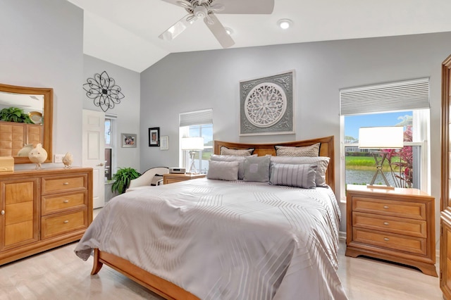 bedroom with high vaulted ceiling and ceiling fan
