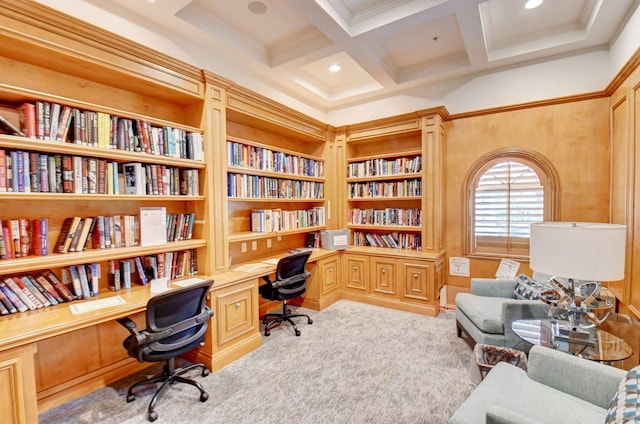 carpeted home office featuring crown molding, built in study area, beamed ceiling, coffered ceiling, and recessed lighting