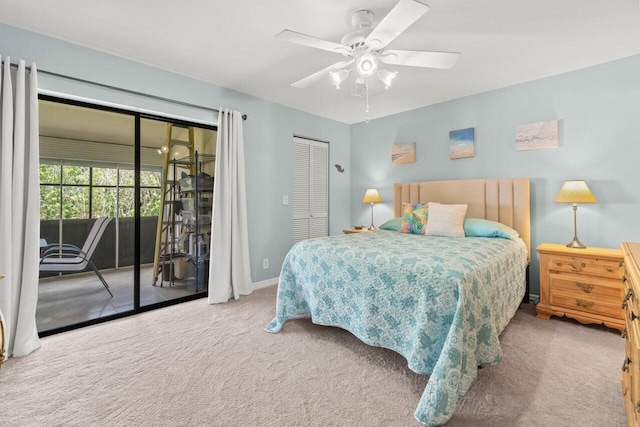 2641 Gately Dr W Unit 103, West Palm Beach, FL 33415 - bedroom with access to outside, baseboards, carpet floors, and ceiling fan