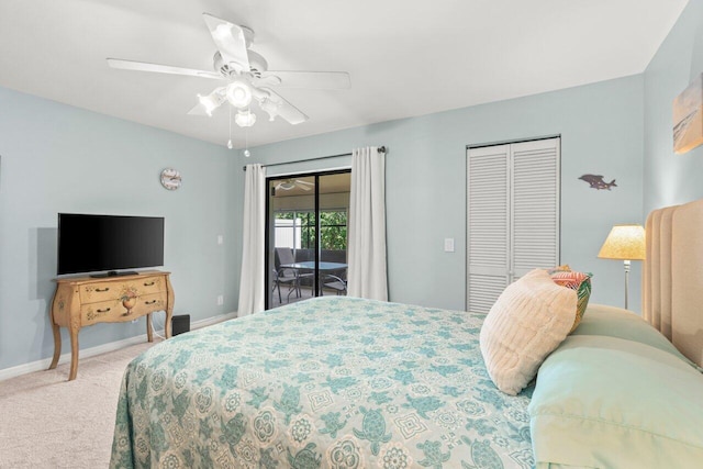 2641 Gately Dr W Unit 103, West Palm Beach, FL 33415 - bedroom featuring a closet, access to exterior, baseboards, ceiling fan, and carpet flooring