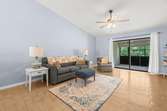 2641 Gately Dr W Unit 103, West Palm Beach, FL 33415 - living room with baseboards, ceiling fan, wood finished floors, and lofted ceiling