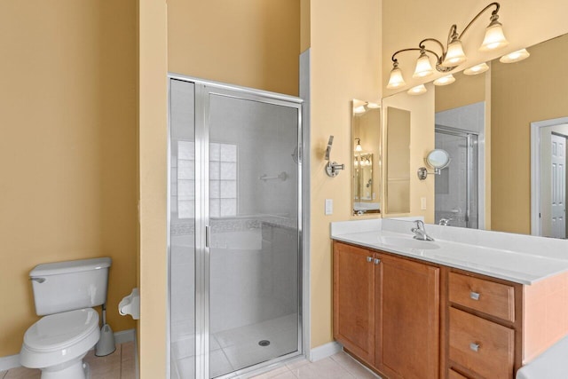 full bathroom with baseboards, a shower stall, tile patterned flooring, and vanity