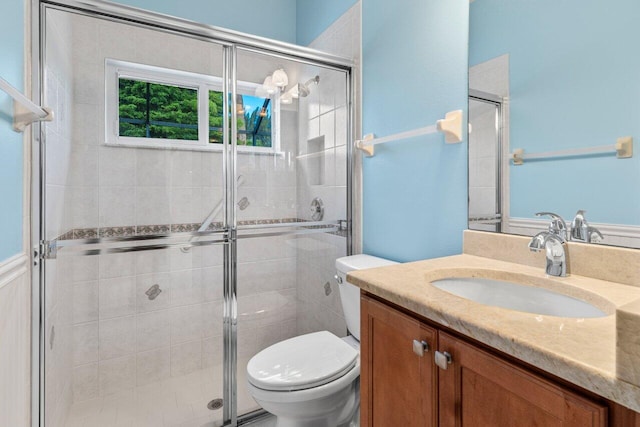 bathroom featuring vanity, toilet, and a shower stall