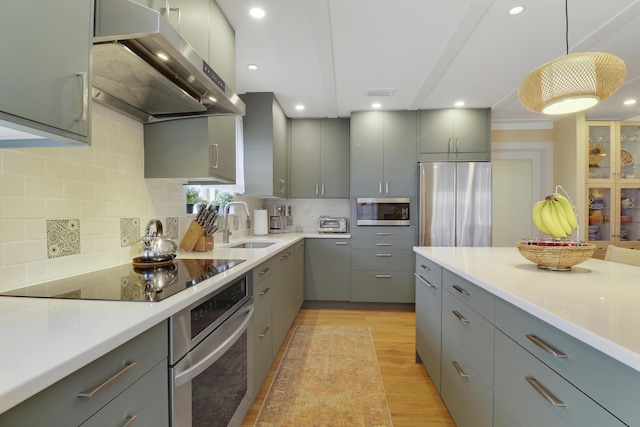 kitchen featuring gray cabinets, appliances with stainless steel finishes, range hood, a sink, and light wood finished floors