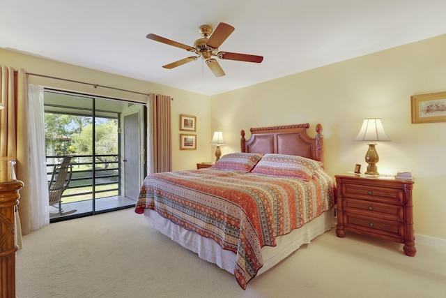 bedroom with a ceiling fan, carpet flooring, and access to exterior