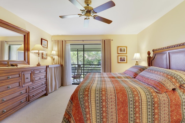bedroom featuring ceiling fan, light colored carpet, and access to exterior