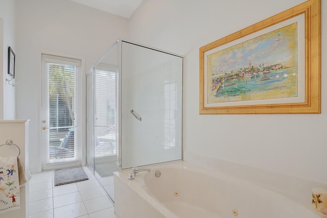 full bath with tile patterned flooring, walk in shower, and a tub with jets