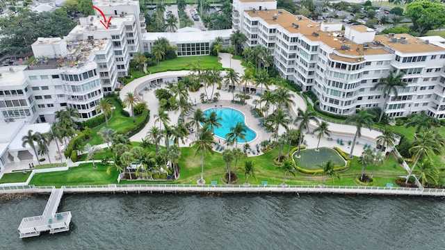 44 Cocoanut Row Unit 507A, Palm Beach, FL 33480 - bird's eye view of apartment complex, a nearby body of water, and a pool