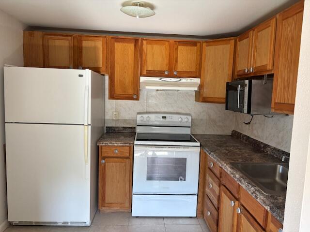 kitchen featuring decorative backsplash, brown cabinets, a sink, under cabinet range hood, and white appliances
