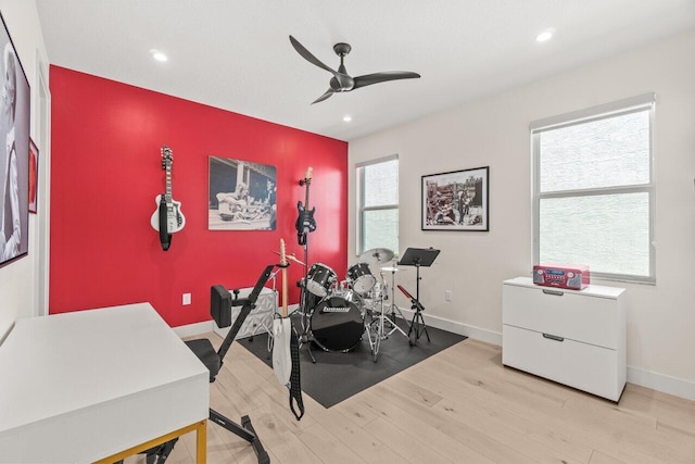 9610 Sterling Shores St, Delray Beach, FL 33446 - workout area with a ceiling fan, an accent wall, light wood finished floors, recessed lighting, and baseboards