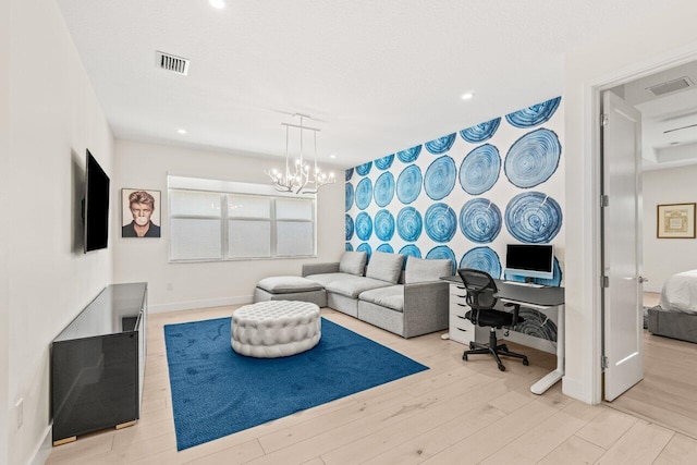 9610 Sterling Shores St, Delray Beach, FL 33446 - living room featuring light wood finished floors, an office area, baseboards, recessed lighting, and a chandelier