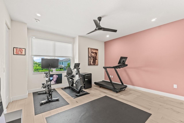 9610 Sterling Shores St, Delray Beach, FL 33446 - workout area with ceiling fan, wood finished floors, recessed lighting, and baseboards