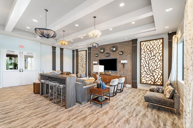 9610 Sterling Shores St, Delray Beach, FL 33446 - living room with wood finished floors, recessed lighting, a raised ceiling, and beamed ceiling