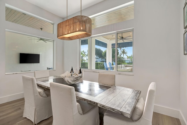 dining area featuring baseboards, ceiling fan, and wood finished floors