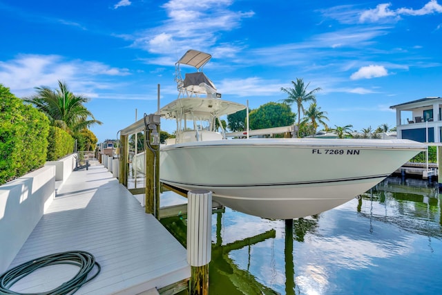 dock area featuring boat lift and a water view
