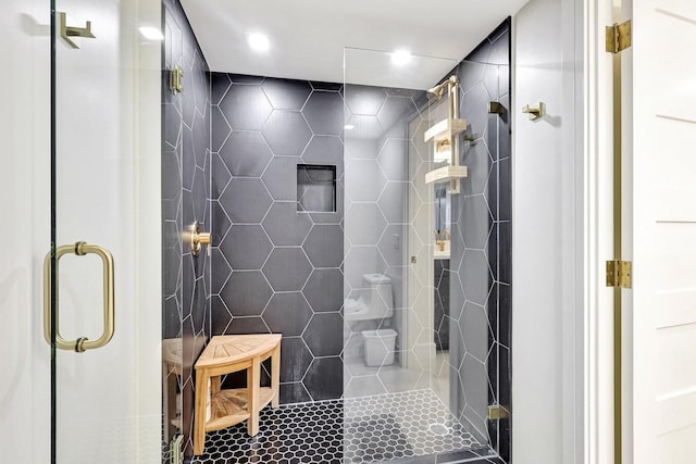 4600 S Ocean Blvd Unit 1003, Highland Beach, FL 33487 - full bathroom with a shower stall, tile walls, tile patterned flooring, and recessed lighting