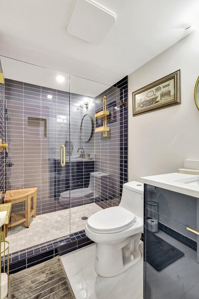 4600 S Ocean Blvd Unit 1003, Highland Beach, FL 33487 - full bathroom with toilet, vanity, a shower stall, and marble finish floors