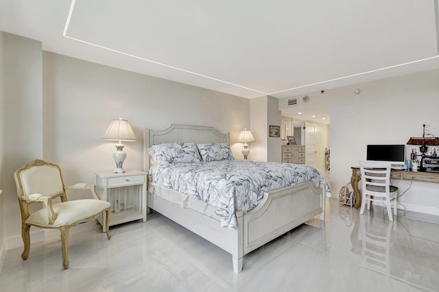 4600 S Ocean Blvd Unit 1003, Highland Beach, FL 33487 - bedroom with baseboards, light tile patterned floors, a desk, and ensuite bathroom