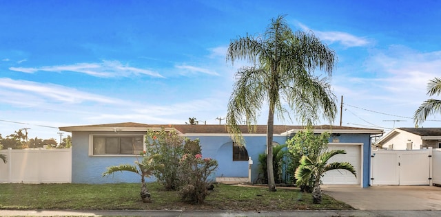 ranch-style home with fence, stucco siding, an attached garage, and driveway