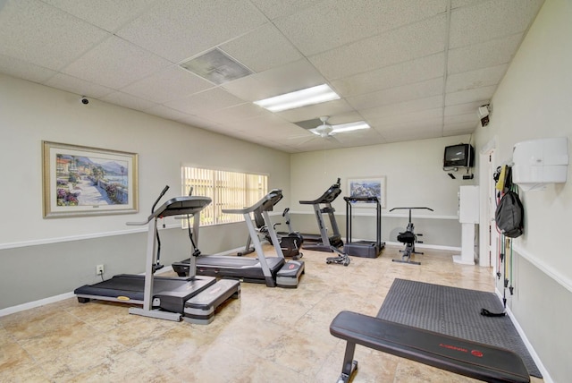 14612 Canalview Dr Unit B, Delray Beach, FL 33484 - exercise area featuring baseboards, ceiling fan, visible vents, and a paneled ceiling