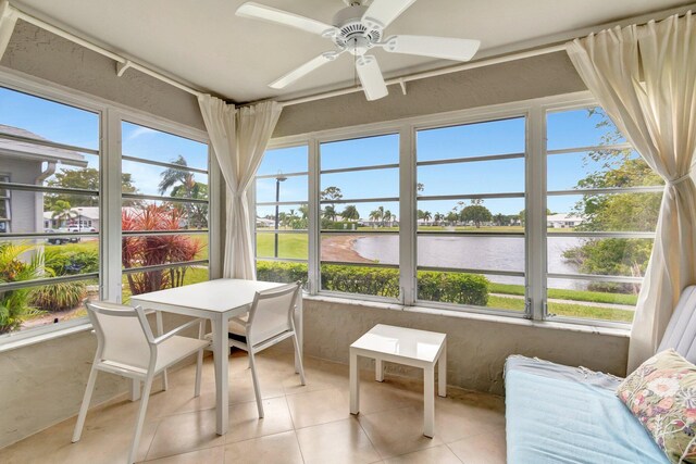 14612 Canalview Dr Unit B, Delray Beach, FL 33484 - sunroom / solarium featuring tile patterned flooring, outdoor dining space, a water view, and ceiling fan