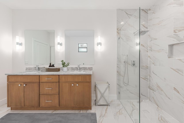 4657 SW Keats St, Port Saint Lucie, FL 34953 - bathroom featuring marble finish floors, a marble finish shower, and double vanity