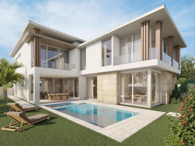 305 Grove Pl, Delray Beach, FL 33444 - rear view of property featuring a balcony, stucco siding, a patio, an outdoor pool, and a lawn