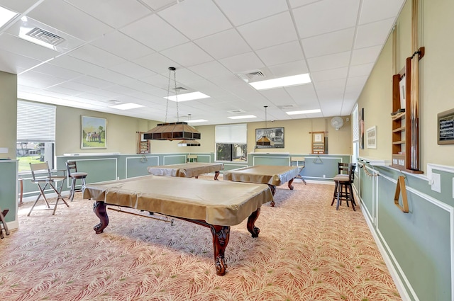 recreation room featuring visible vents, billiards, and carpet