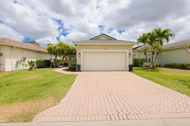ranch-style house with an attached garage, stucco siding, decorative driveway, and a front yard
