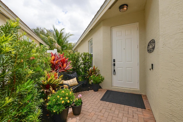 doorway to property featuring stucco siding