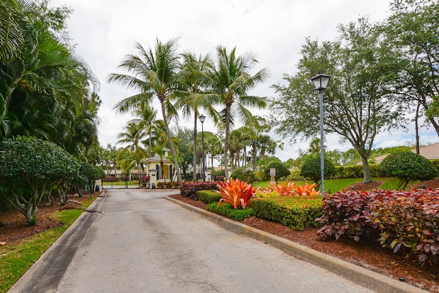 view of street featuring a gate, a gated entry, curbs, and street lights