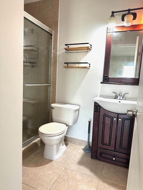 full bath with vanity, tile patterned flooring, a shower stall, and toilet