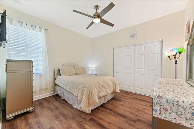 7384 NW Greenspring St, Port Saint Lucie, FL 34987 - bedroom with dark wood-style flooring, a closet, and ceiling fan