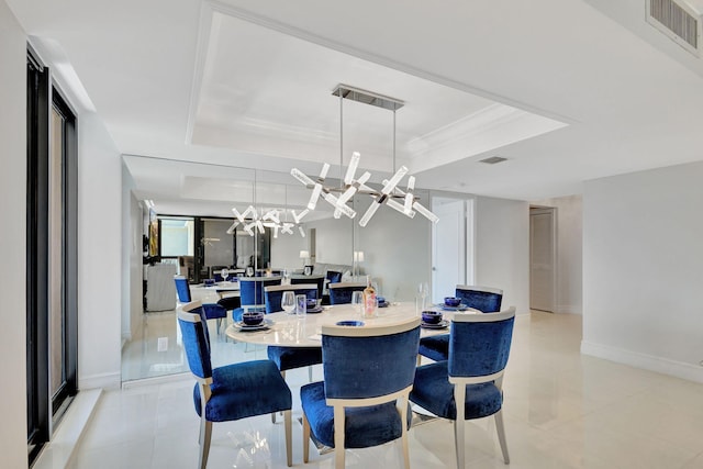 5380 N Ocean Dr Unit 5A, Riviera Beach, FL 33404 - dining space with visible vents, light tile patterned flooring, baseboards, a raised ceiling, and a notable chandelier