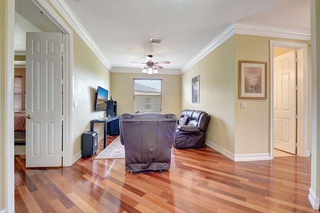 8841 Cobblestone Point Cir, Boynton Beach, FL 33472 - interior space with visible vents, ornamental molding, light wood finished floors, and ceiling fan