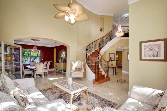 8841 Cobblestone Point Cir, Boynton Beach, FL 33472 - living area featuring arched walkways, marble finish floor, a towering ceiling, and stairs